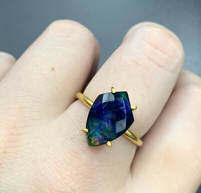 15x10mm Shield Rose-Cut Faceted Abalone Shell Quartz Statement Ring