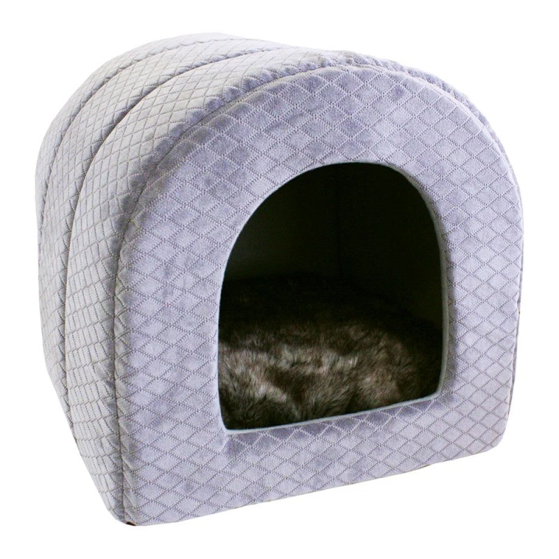 HAPPY PET Darley Cat Kitten Den Bed Faux Fur Cushion Soft Grey Stylish Igloo Pet Cave