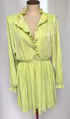 ROTATE Birger Christensen Ivy Dress Sunny Lime Mock Neck Ruffle Metallic Sz Lg