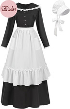 Women Colonial Dress Pioneer Costume Pilgrim Prairie Dresses with Apron and Bone