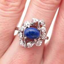 925 Sterling Silver Real Lapis Lazuli C Z Cluster Ring Size 7