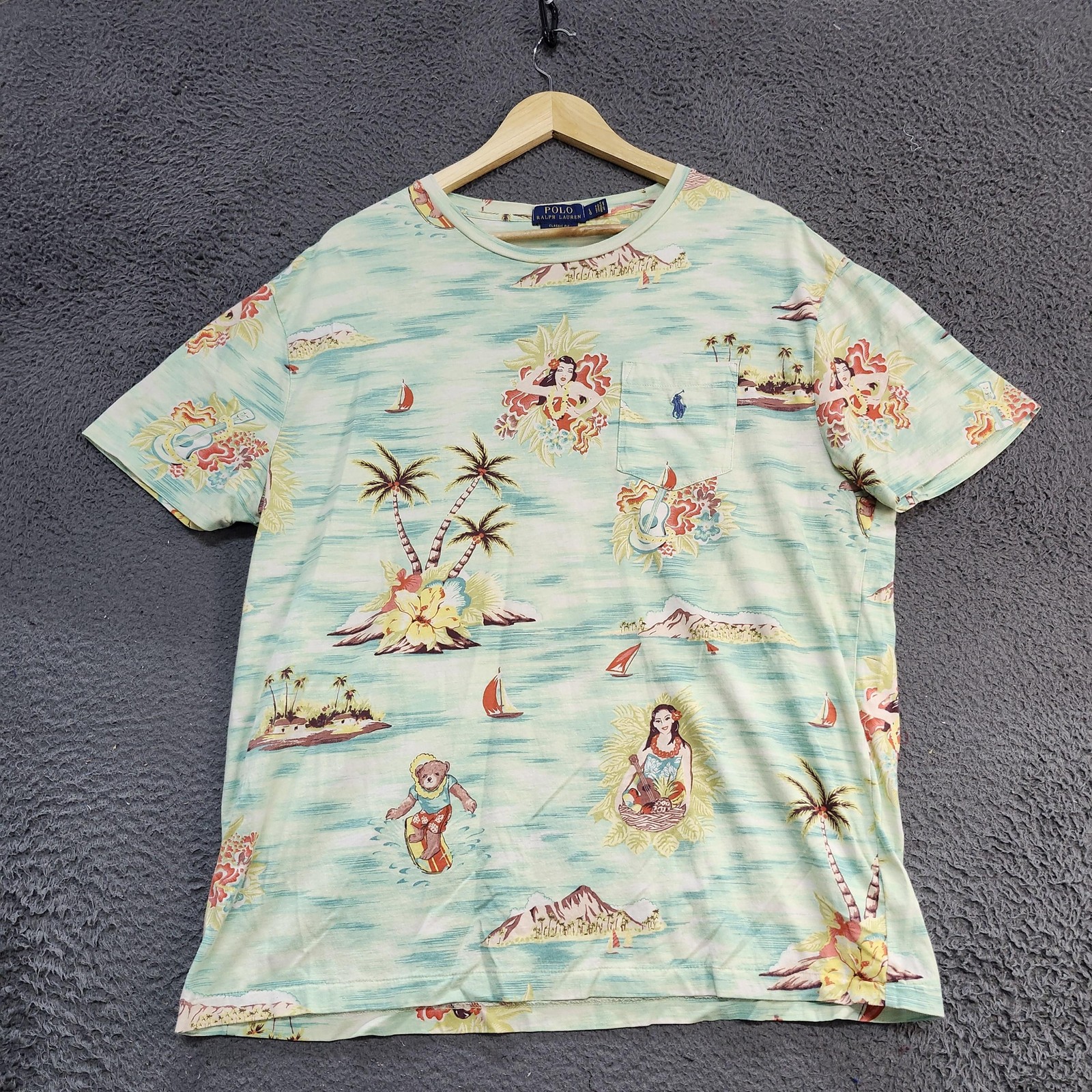 Polo Ralph Lauren Shirt Mens Large Green Hawaiian Polo Bear Tropical Graphic Tee