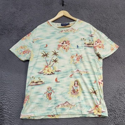 Polo Ralph Lauren Shirt Mens Large Green Hawaiian Polo Bear Tropical Graphic Tee