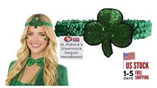 Womens St. Patricks Day Shamrock Headband Sequin Clover Glitter Elastic