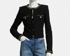 Alice Olivia Womens Black Shiloh Embellished Cotton Tweed Jacket Size S