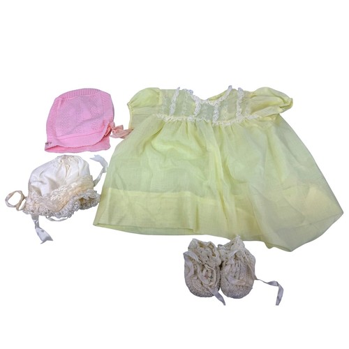 Vintage Baby Dress Set Yellow Sheer Lace Dress Booties Pink and Cream Bonnets BP
