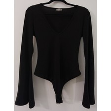 Intimately Free People Charli Bodysuit Black V Neck Long Bell Sleeves Ribbed