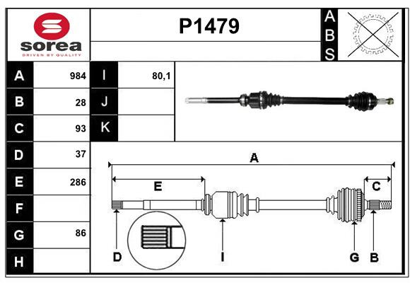 Arbre de transmission SNRA P1479 cardan avant droit pour Peugeot 208 Avant