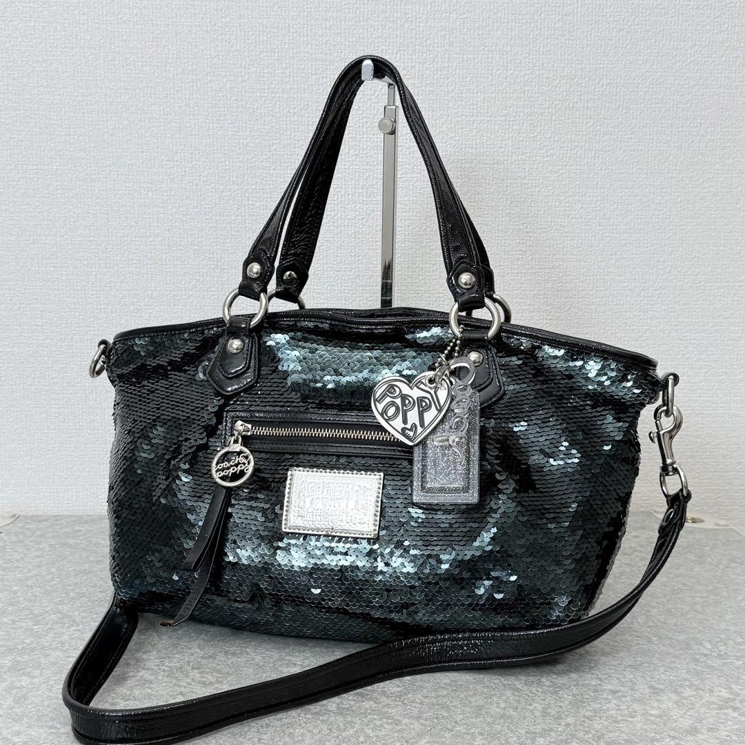 Auth COACH Poppy Sequin Rocker Satchel Dark Green 2Way Bag