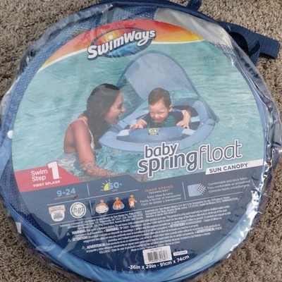 SwimWays Baby Spring Float w/Sun Canopy 50+UPF 9-24 Mos Swim Step 1 BLUE