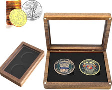 Challenge Coin Display Case Single Coin Display Box Two 1.81" Coin Holder Walnut