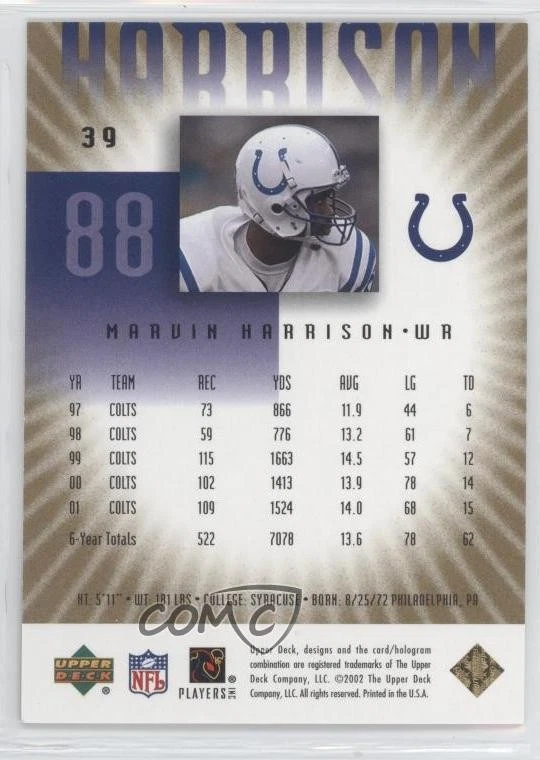 2002 Upper Deck Graded Gold /75 Marvin Harrison #39 HOF - Image 2 of 2