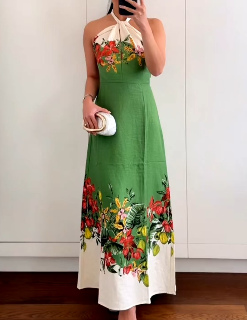 NWT H&M Linen-blend Halterneck Dress Green/flowers 1329753001