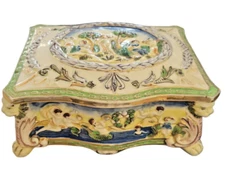 Vintage Japanese Maruhon Ware Majolica Lidded Jewelry Trinket Box Hand Painted