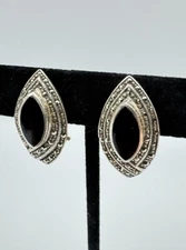 Vintage Estate 925 Sterling Silver Marcasite Onyx Marquise Clip On Earrings