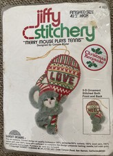 1978 Jiffy Stitchery 3D MERRY MOUSE PLAYS TENNIS 4 1/2" ORNAMENT Kit NIP 103