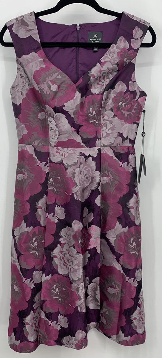 【海外限定】AdriannaPapell ドレス☆Purple Ruffle Bodice Midi Adrianna Papell Dress 6 Purple Floral Fit Flare V-Neck