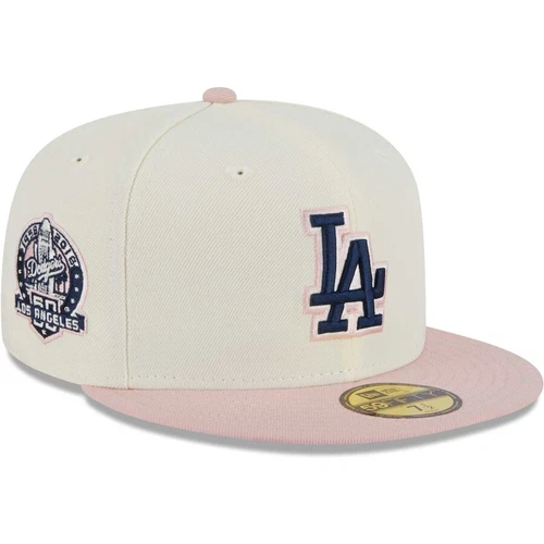 New Era Los Angeles Dodgers Cream & Pink 5950 Hat 60th Patch Size 7 3/4 Navy UV
