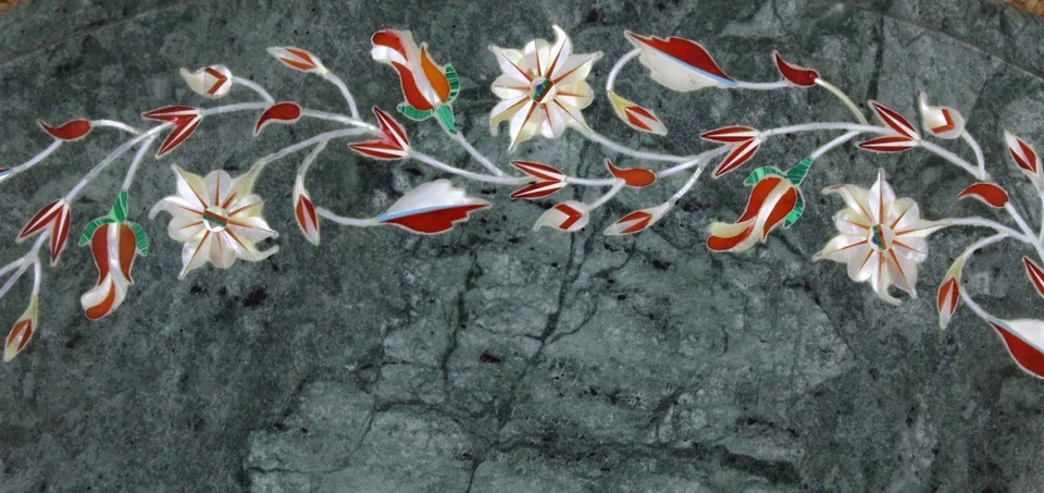 18" Green Marble side end Table Top Floral Semi Precious Stones Inlay Art Work - Image 2 of 2