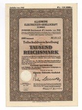 AEG - Allgemeine Elektricility-Ges., Berlin – Obligacja, 1000 RM, 1942 – NIEPERFOROWANY