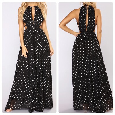 Fashion Nova Long Black White Polka Dot Dress Cut Outs Size S  Had Your Shot 