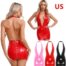 Women's Shiny Party Dress Faux Leather Zipper Nightwear Backless Bodycon Dresses