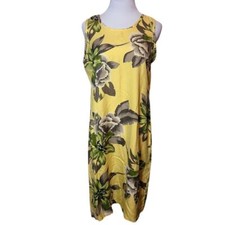 Tommy Bahama Floral Dress Medium Hawaiian Tropical Vintage 100% Silk Yellow Gray