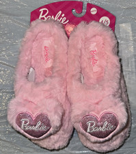 Girl's Size 4 - 5 Pink Barbie Slippers Furry Clog w/Heart Valentine's Day New