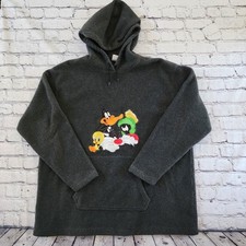 Vintage 2000 Warner Bros Looney Tunes Fleece Hoodie Gray XL Daffy Tweety Marvin