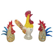 3 Hand Blown Confetti Glass Rooster Chicken Murano Style Large Heavy Hens