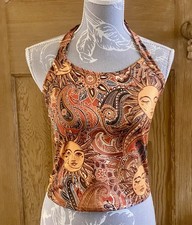 Silky Moon Stars Whimsical Boho Top Sz M Strappy Halter Neck Festival Hippie