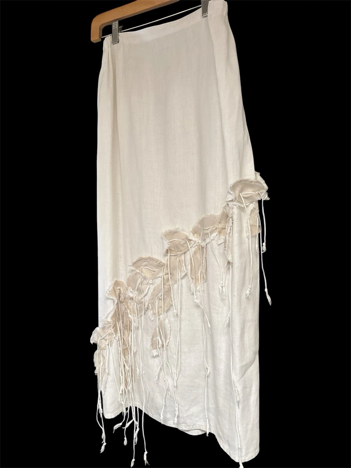 Krista Larson White Linen Floral Appliqué Delicate Ruffle Midi Skirt OSFM