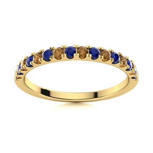 2MM Round Blue Sapphire & Smoky Quartz 925 Silver Gold Plated Half Eternity Ring