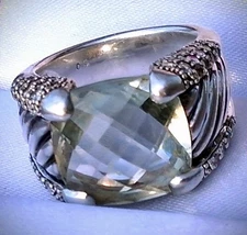 Gorgeous Rare David Yurman Checker Prasiolite and Diamond Sterling Silver Ring