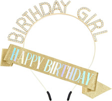Birthday Sash and Crown, Girl Headband Tiara Rhinestone, Happy Birthday Sash, Gl