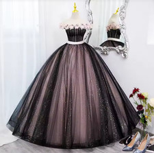 Black and Pink Strapless Mexican Wedding Dresses Shiny Tulle Bridal Gowns
