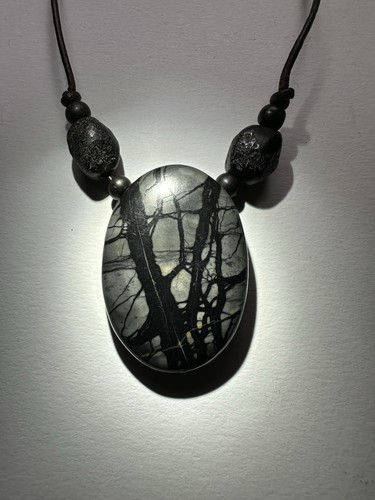 Picasso Jasper Oval Pendant Necklace on Cord, Black Gray Glass Beads, Leather 