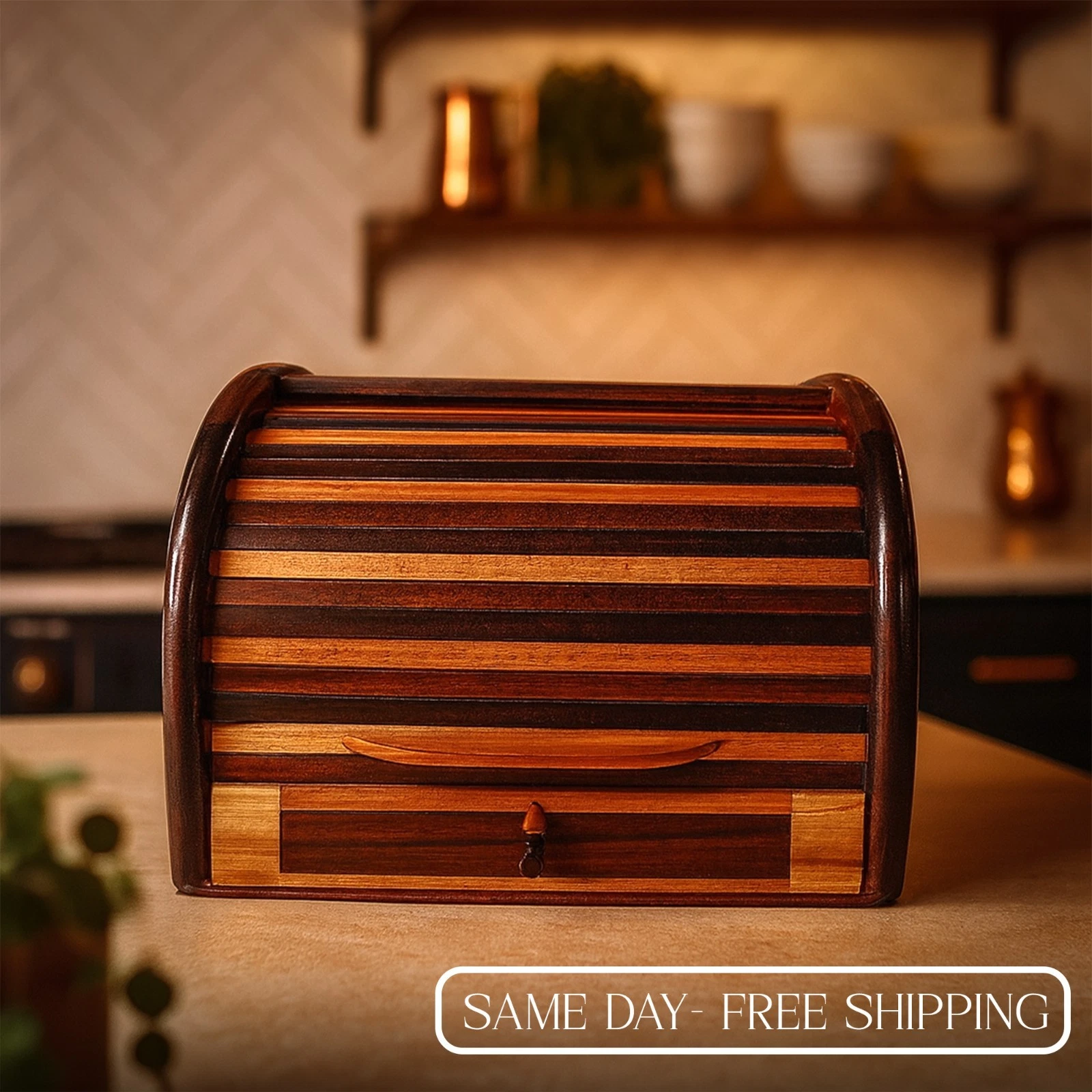 Wooden Bread Box with Roll Top & Drawer | Kitchen Counter Storage
Opens in a new window or tab