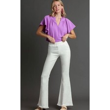 UMGEE Stretch Wide Flare Leg Pants with Elastic Waist and Frayed Hem MEDIUM