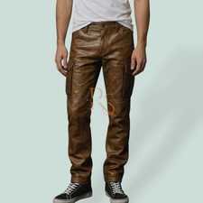 Mens Genuine Lambskin Leather Cargo Pants Brown Distressed Slim Fit Biker Style