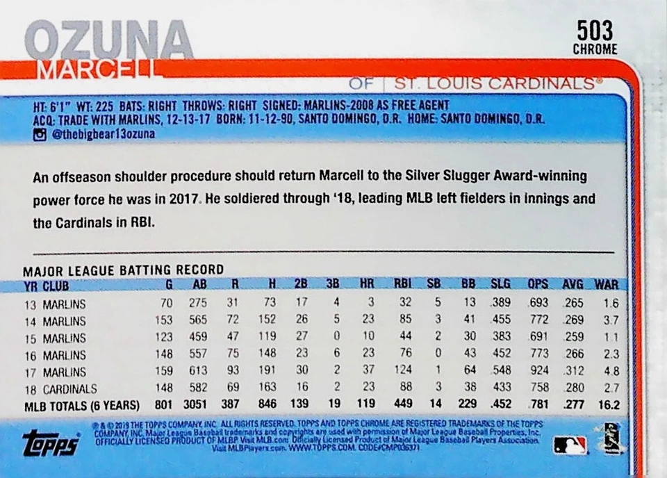2019 Topps Chrome Sapphire Edition #503 Marcell Ozuna St. Louis Cardinals - Image 2 of 2