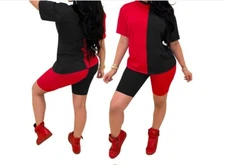 Women Patchwork Sportswear Top+Shots Suit Two Piece Set Club Party 2PC Set #JS