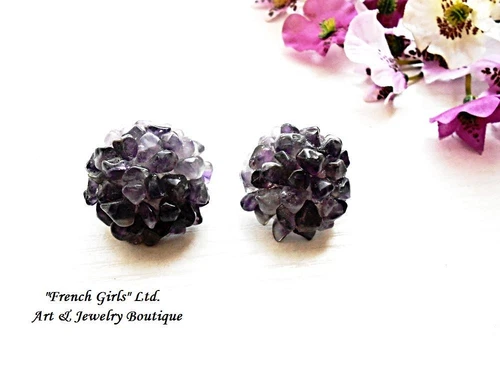 Raw Amethyst Clip on Earrings Gemstone Flower Shaped Purple Violet Bohemian 