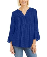 $60 Charter Club Petite Double-Ruffle Textured Pintuck Top Blue Size Petite (PP)