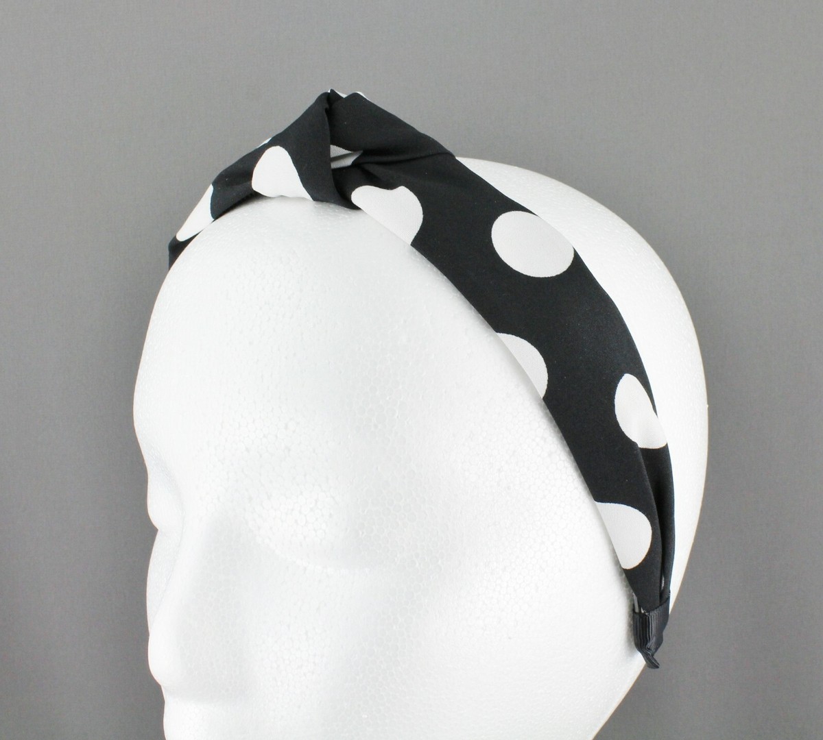 Black White polka dot turban knot headband fabric covered grip teeth dots