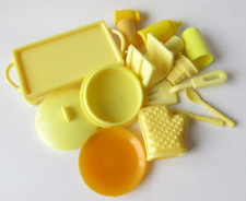 Vintage Barbie Yellow Dining Lot of 15 Kitchen Tray Cups Utensils Mitt Cone Lids