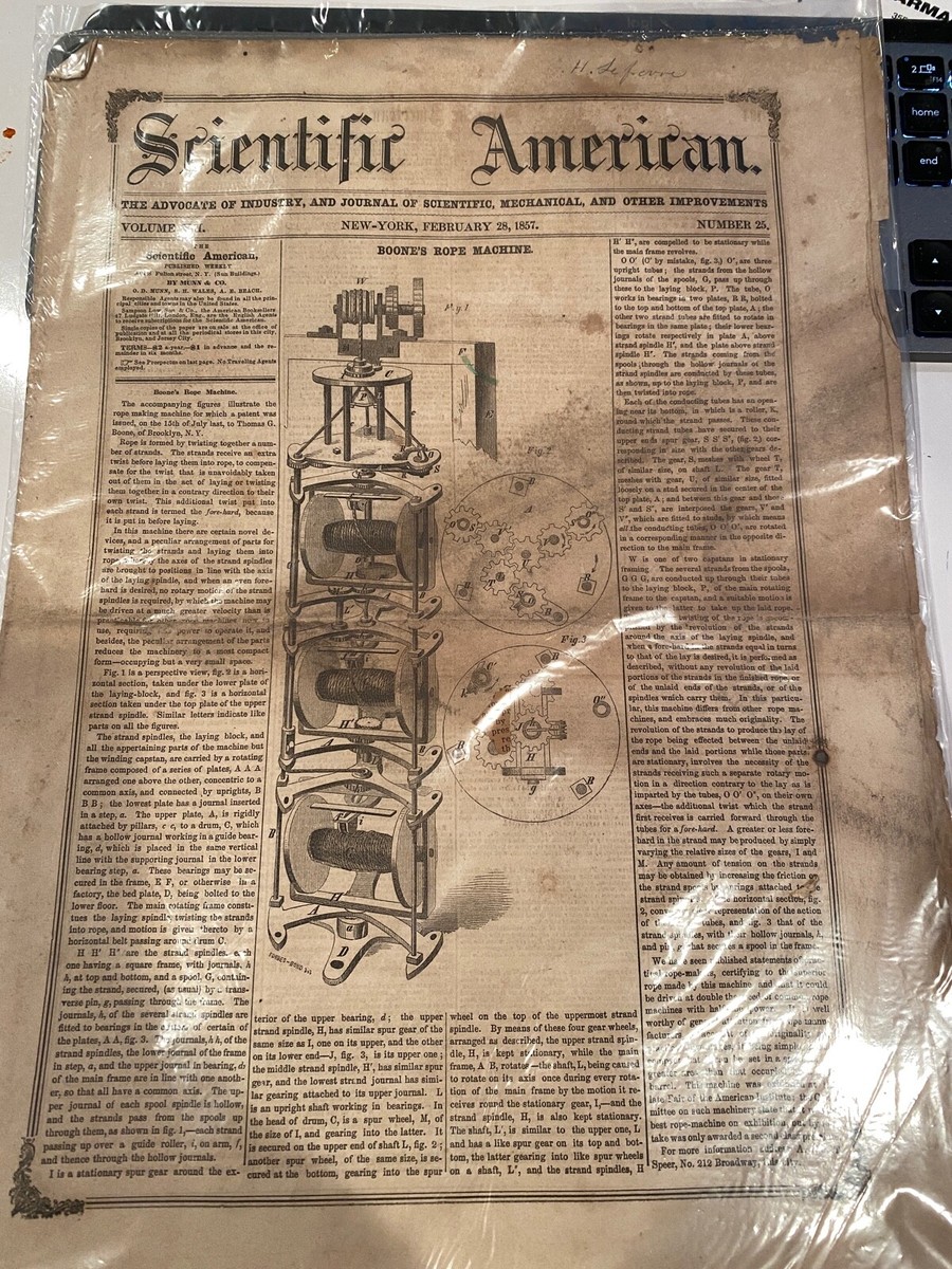Vintage Feb 28, 1857 Scientific American Magazine Boone&rsquo;s Rope 