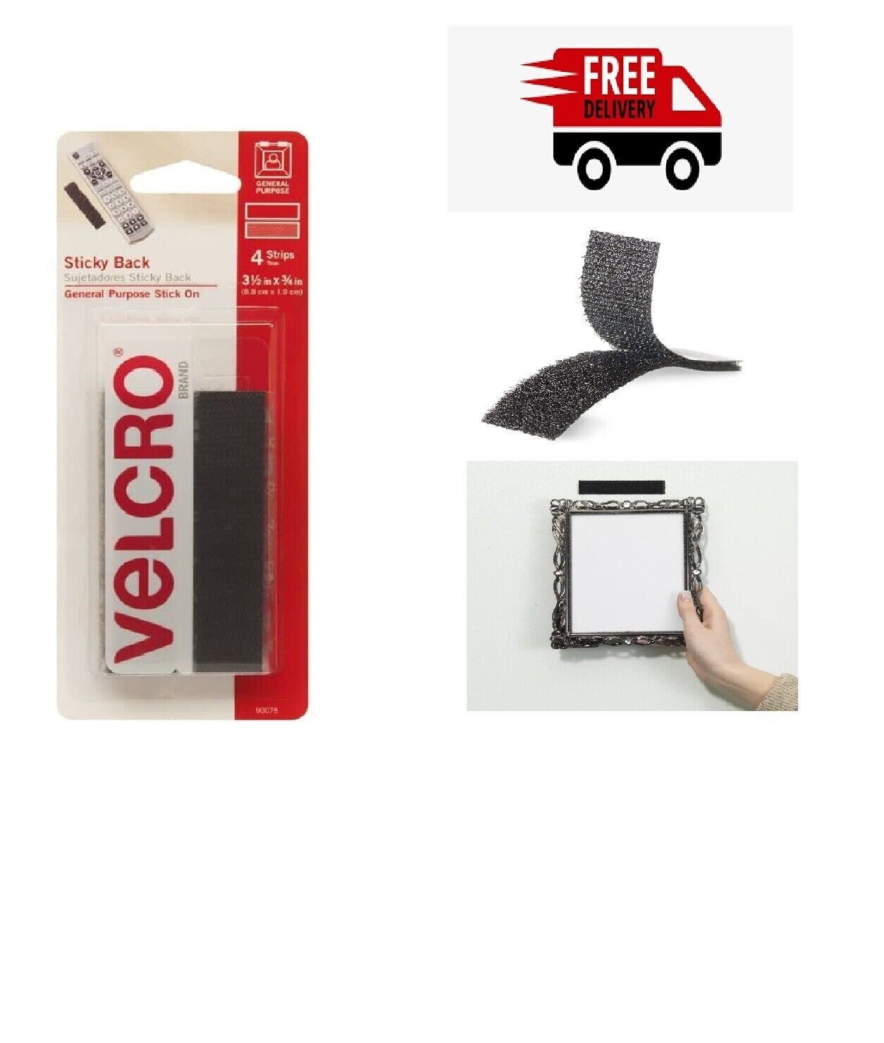 VELCRO sticky Back Strips with Adhesive | 4 Count | Black | free shipping USA-image