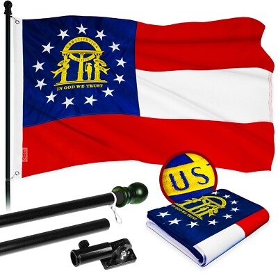 G128 5 Ft Flagpole (Black) & Georgia Flag 2.5x4 Ft Embroidered 300D Polyester