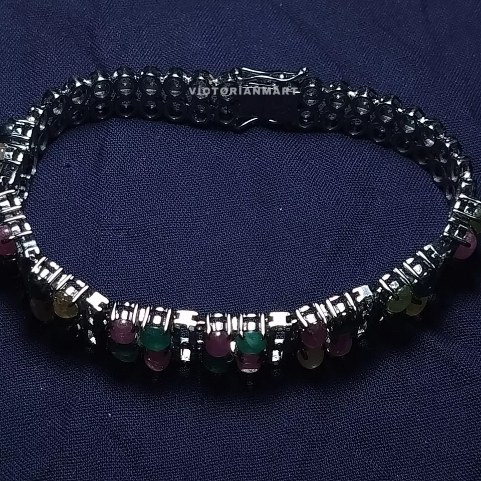 925 Sterling Silver Real Diamond Emerald Sapphire & Ruby Flower Bracelet 7" - Image 3 of 4